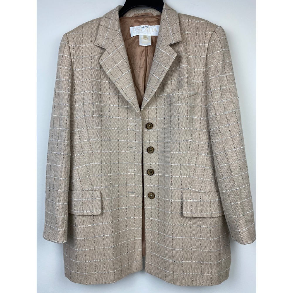 Escada Margaretha Ley Vintage Wool Blazer Size 42 US 12 Windowpane Luxury 80s
